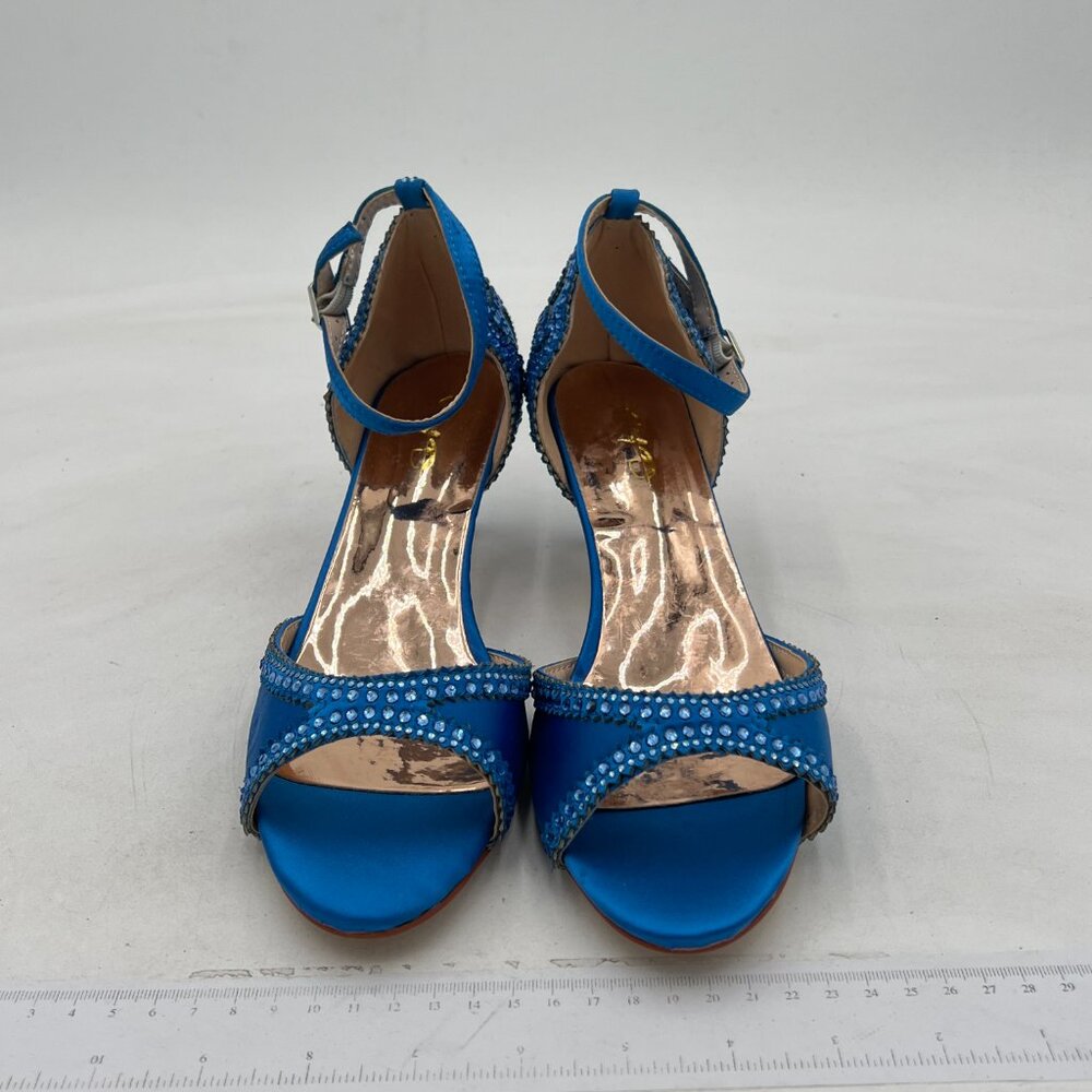XYD Blue Chic Peep Toe D'Orsay Kitten Heel Rhinestone Studs Ankle Strap Sandals - Picture 3 of 8